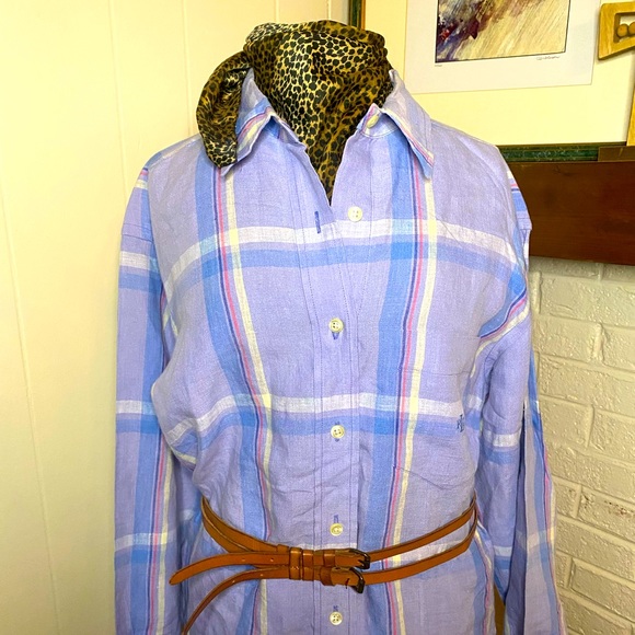 Lauren Ralph Lauren linen long sleeve shirt in lavender and pastels, size M - Picture 6 of 7